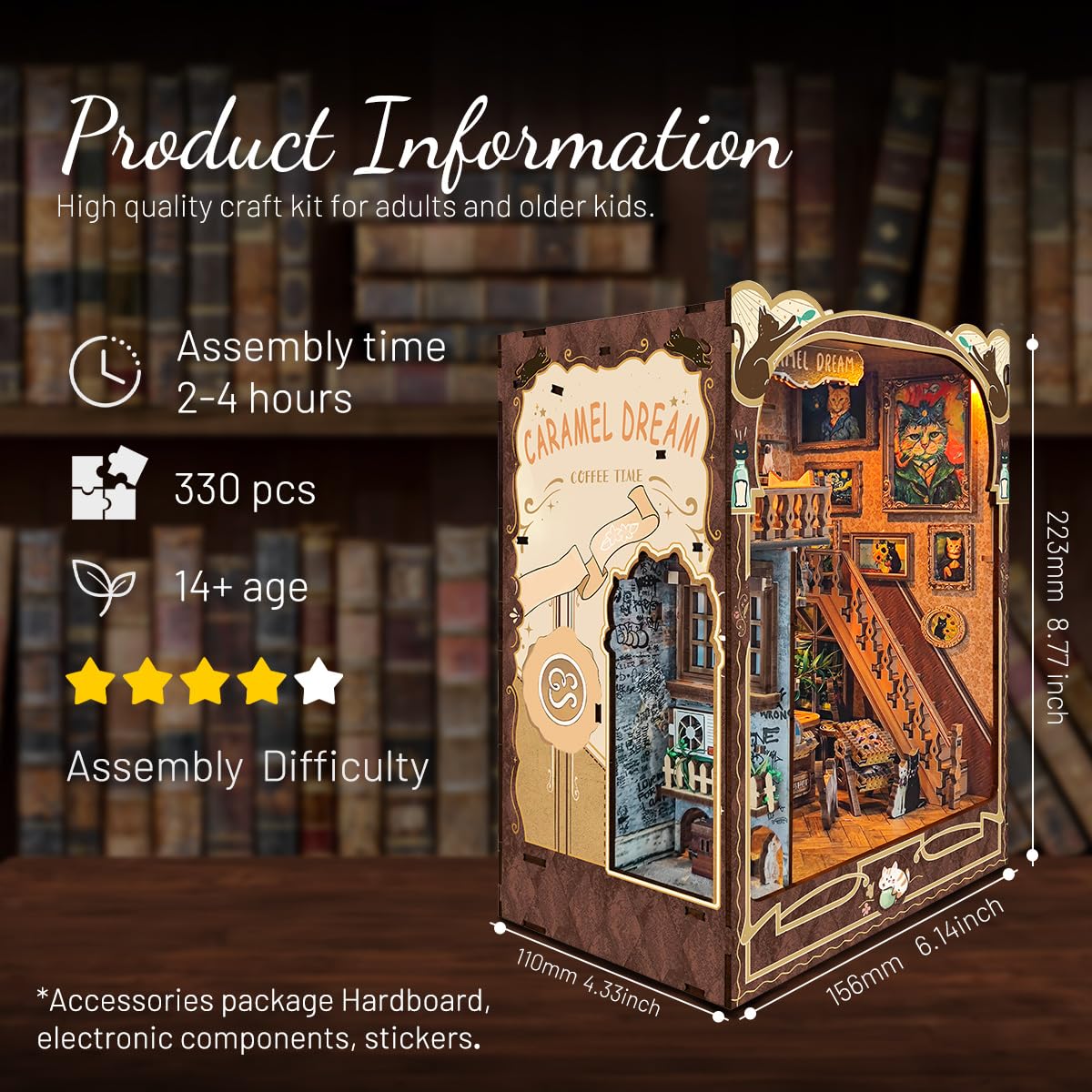 STRUCWOOD Book Nook Kit Miniature Dollhouse Kit 3D Puzzle Wooden bookshelf with LED Lights Bookends Toy for Teenagers Gift Model Kits Room Decoration SQ-03 (Caramel dreams) - Image 3