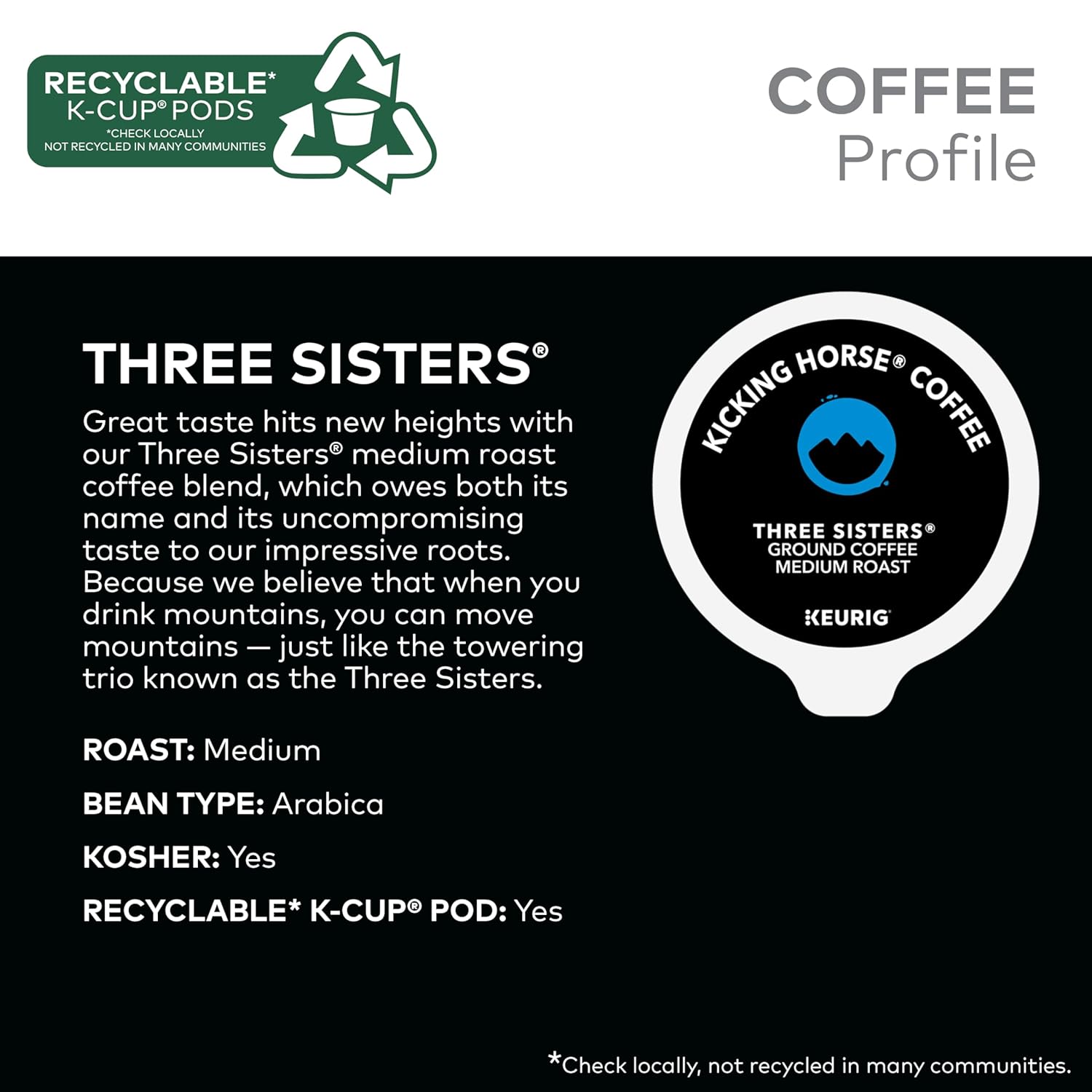 Kicking Horse Coffee, Three Sisters, Single Serve Keurig K-Cup Pods, Medium Roast Coffee, 60-Count Box