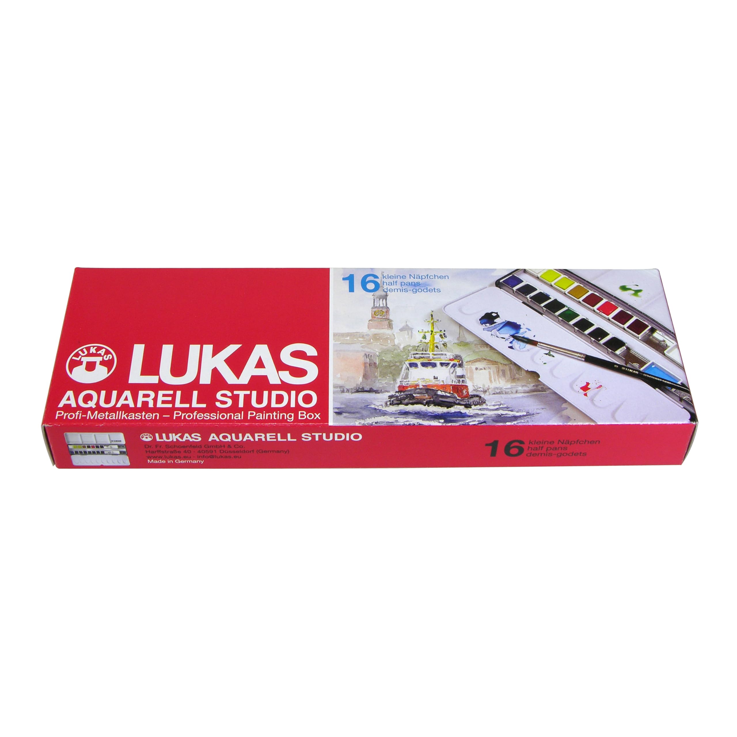 LUKAS Studio Aquarell zestaw 16 półpatelni w różnych kolorach, idealne dla początkujących profesjonalistów i studentów artystów akwarelowych