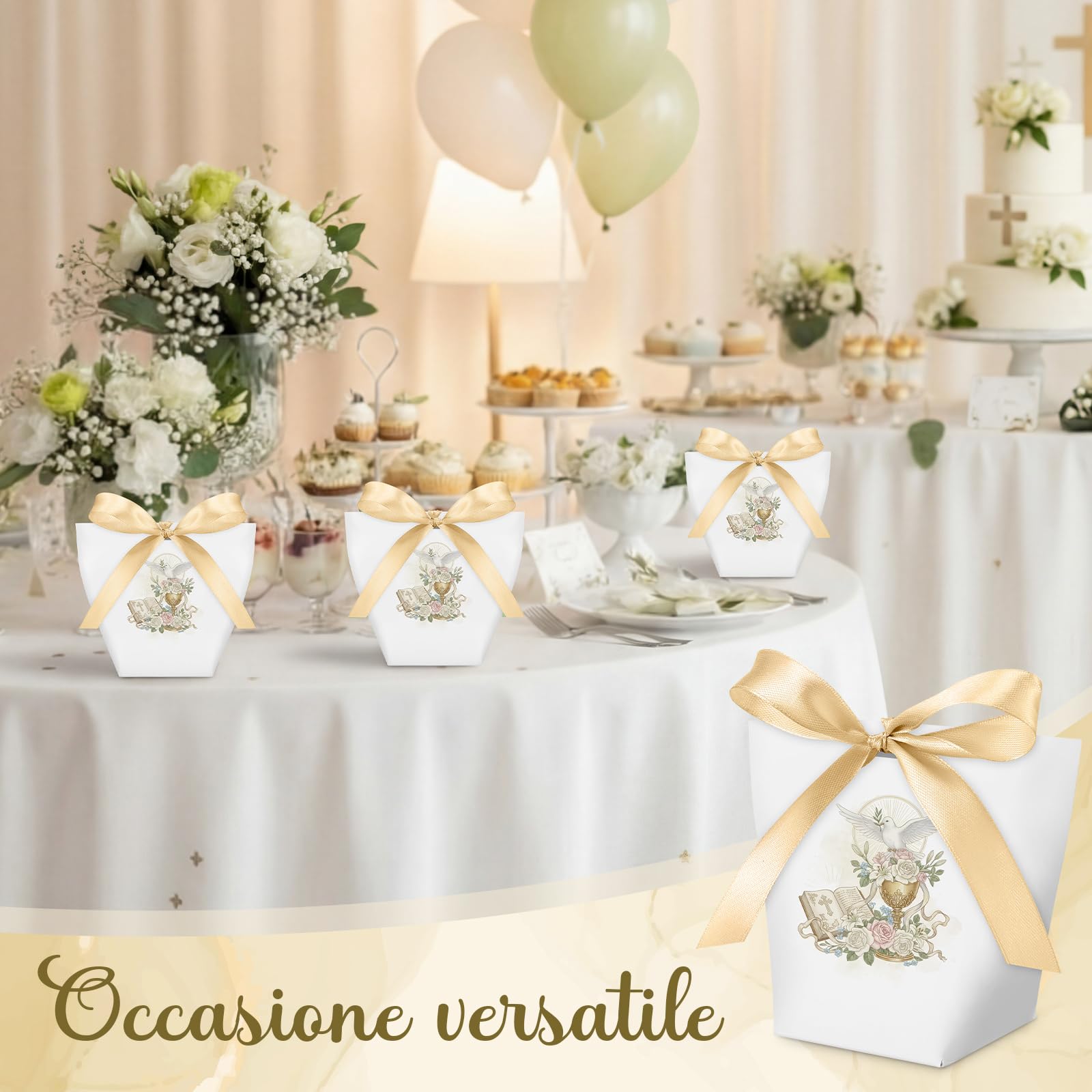 Tenare 50 Pezzi Scatoline Bomboniere Comunione Scatole Portaconfetti Cresima 1 Nastro Dorato Sacchetti Confetti Comunione Regalo per Festa Cresima Battesimo Compleanno Matrimonio
