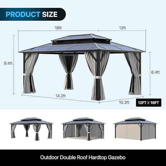 16 Ft. W X 12 Ft. D Metal Patio Gazebo