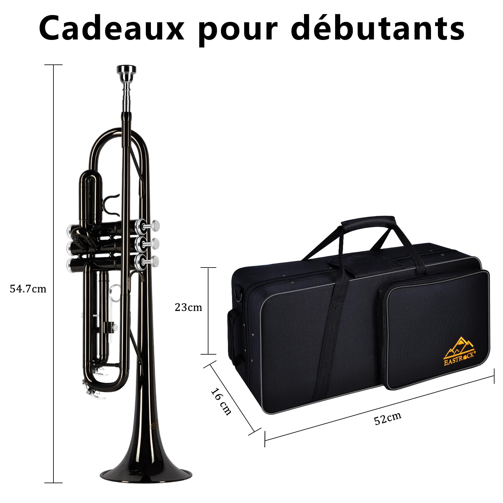 EASTROCK Trompette en Sib pour débutant, Trompette standard en laiton pour étudiants, Trompette avec étui, gants, embouchure 7C (Noir)