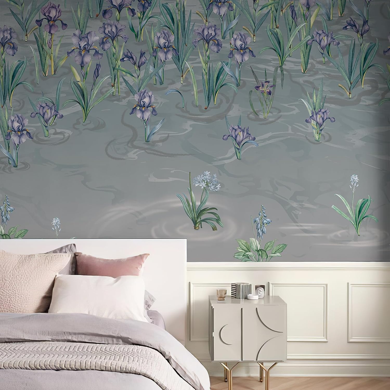 Large French Floral Wall Murals Peel and Stick Dusty Blue Irises Flower Wall Art (148" W x 110" H) Meadow Wildflowers Landscapes Murals Oil Painting Canvas Wall Decor for Bedroom Bathroom Living Room