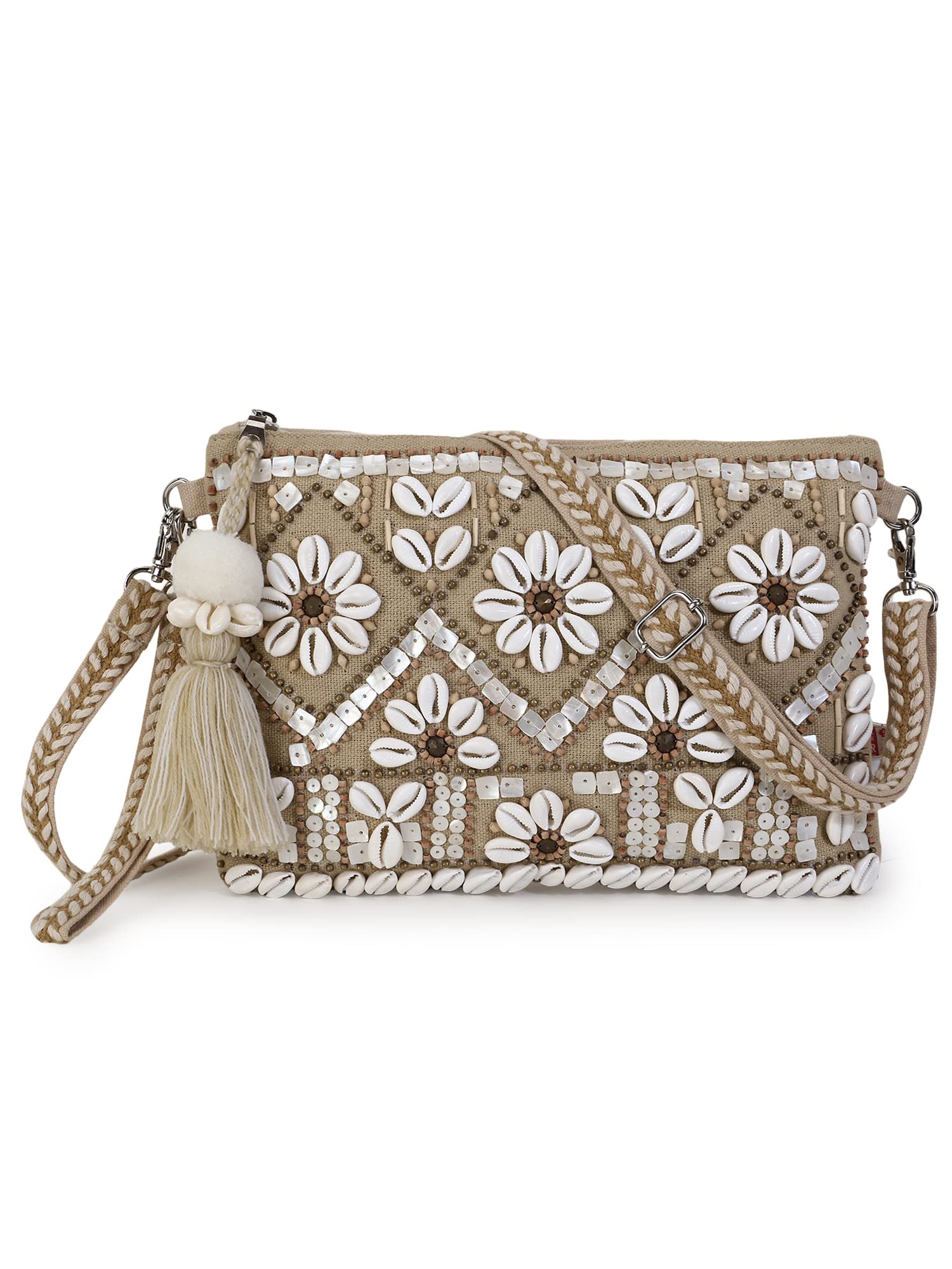 Anekaant Women Boho Beige & White Cotton Jute & Canvas Boho Embellished Sling Bag (B09WDYDT24) Amazon Price History, Amazon Price Tracker