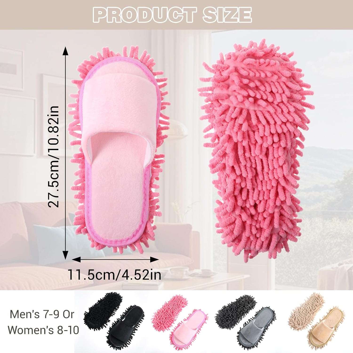 4 Pair Washable Mop Slippers, Detachable Microfiber Mop Shoes for Floor Cleaning House Dusting Slippers for Women Men Dirt Tool Supplies Medium