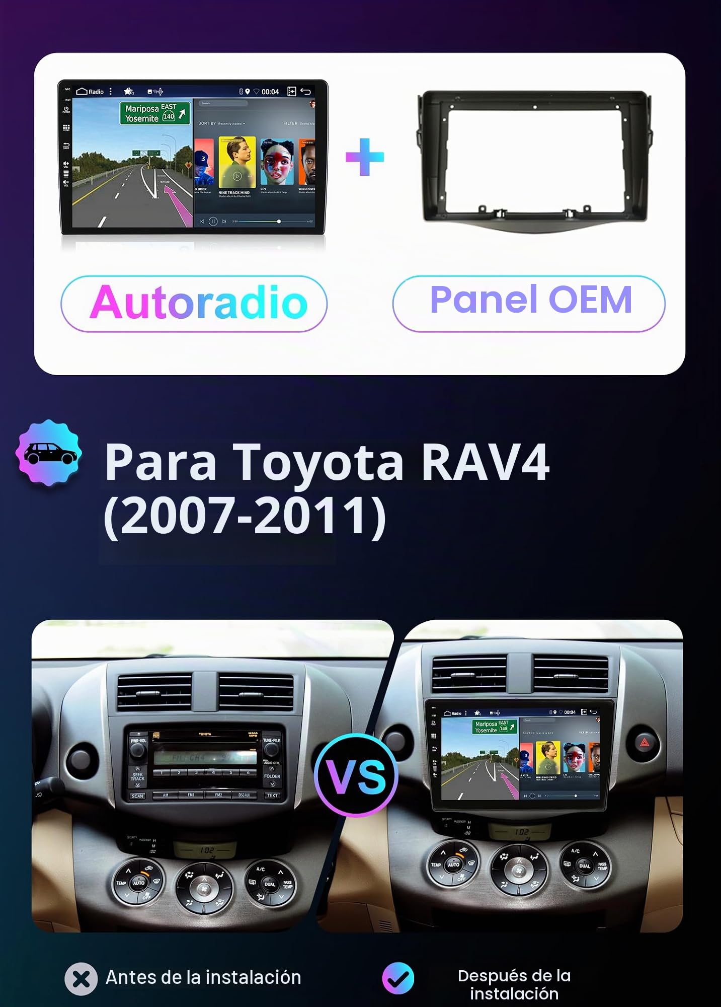Android 15 [6GB+128GB] 2 DIN Autoradio para Toyota RAV4(2007-2011)-[Integrado CarPlay/Android Auto/DSP/GPS]-IPS 2.5D 9”Touch Screen-Cámara+Mic-Dab/Bluetooth 5.0/360 Cámara/Control del Volante