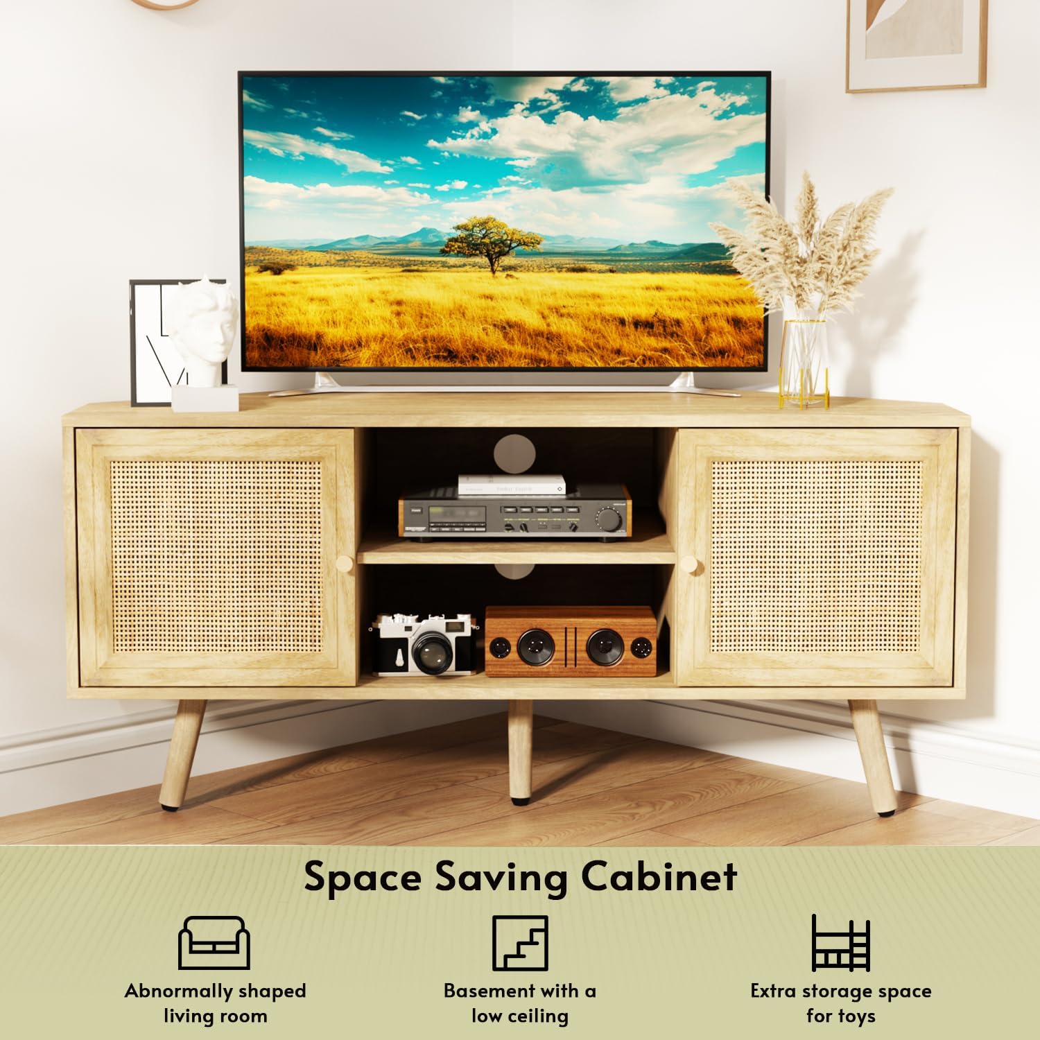 Corner TV Stand for 55 inch TV, Corner Entertainment Center with Storage, Boho Media Console with Rattan Doors, Solid Wood Feet, 2 Cord Holes, for Living Room, Natural