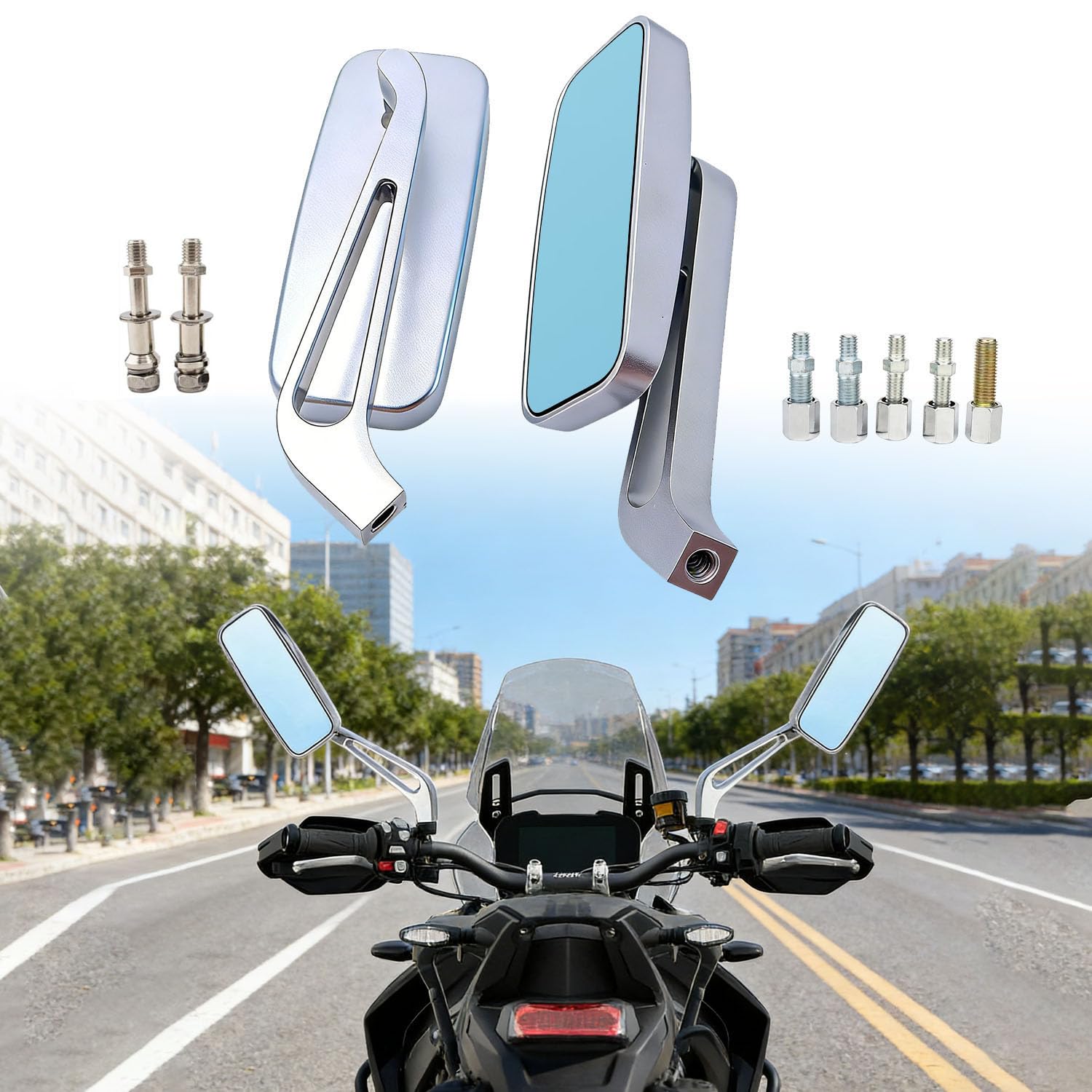 Specchietti Retrovisori Rettangolari Cromati 8mm 10mm con Lenti Blu, per Harley Davidson Softail Sportster, Honda, Bobber Cruiser Chopper Scooter Touring Sport Bike ATV