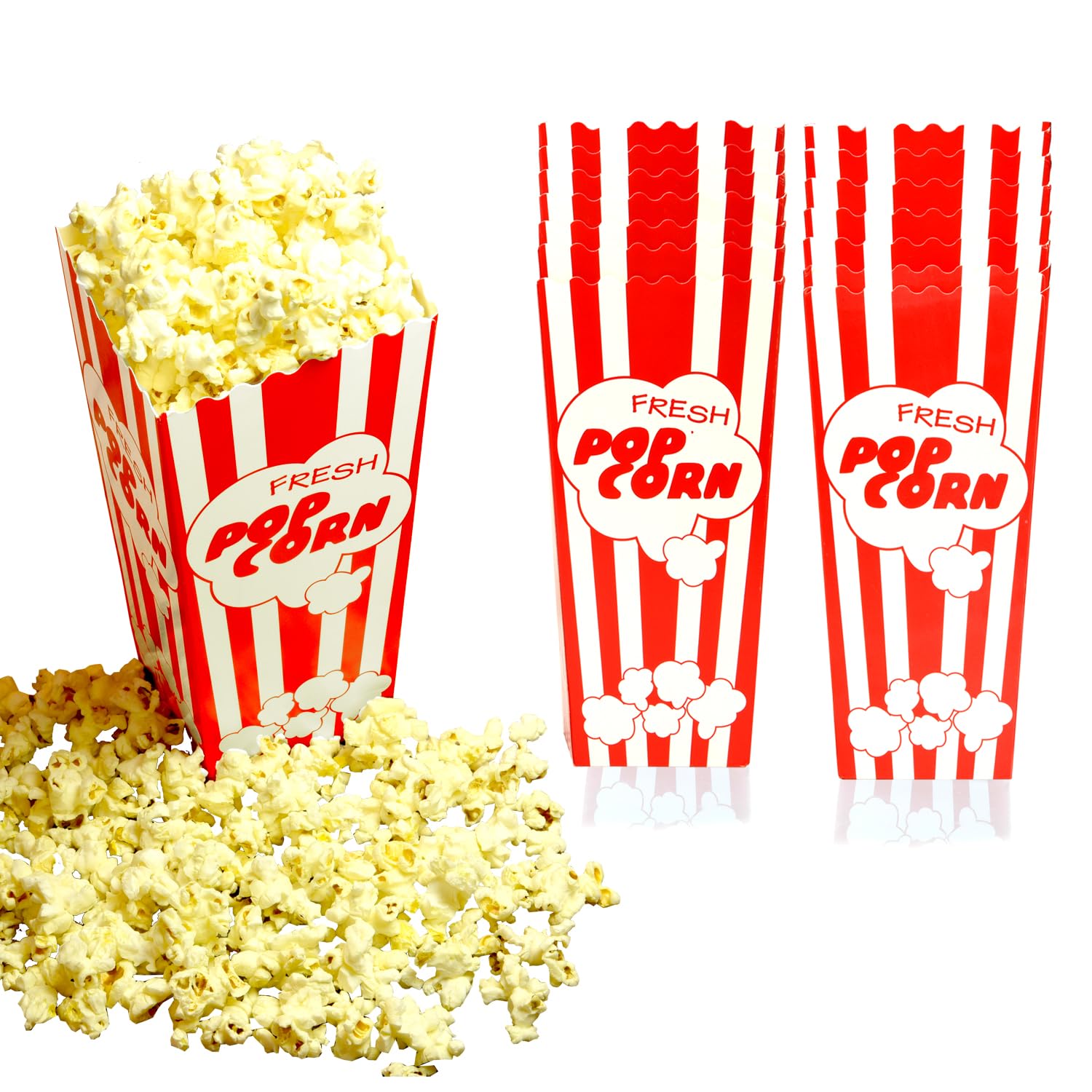 15 Movie Night Popcorn Paper Boxes Buckets 7.75 Inches Tall Large &amp; Holds 46 Oz Old Fashion Vintage Retro Party Design Red &amp; White Colored Nostalgic Carnival Stripes Bags &amp; Tubs various qty avail