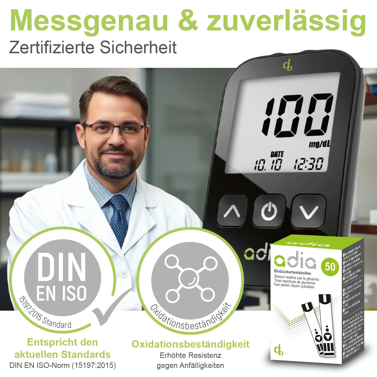 adia Blutzuckerteststreifen, 200 Stück, Vorteilspackung zur Blutzucker-Kontrolle bei Diabetes (Zucker-Krankheit), für das adia-Blutzuckermessgerät (hier nicht enthalten)