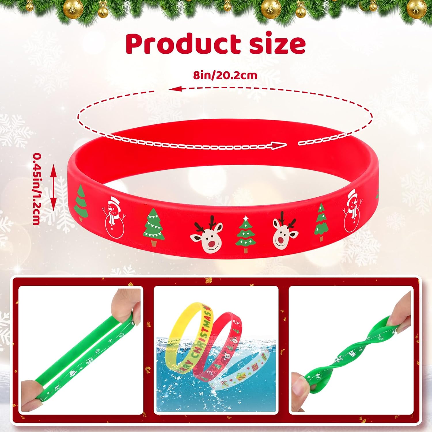 JUNEBRUSHS 120pcs Christmas Party Favors Silicone Bracelets Bulk Elk Xmas Tree Snowflake Pattern Rubber Wristbands for Christmas Winter Holiday Party Stuffers Fillers Decorations Supplies(10 Designs)