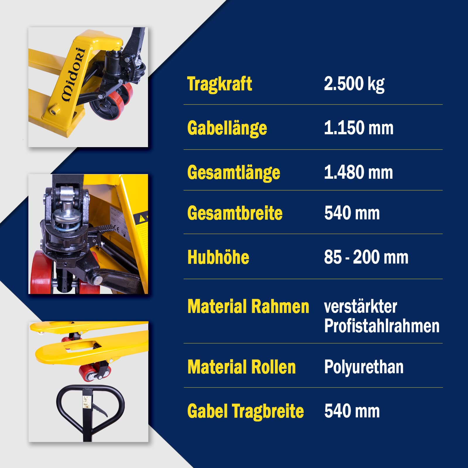 Midori Hubwagen 2500 kg Tragkraft | 1150 mm Gabellänge | Polyurethan Tandem-Gabelrollen, Stahlrahmen, 200 mm Hubhöhe | Palettenhubwagen für Europaletten