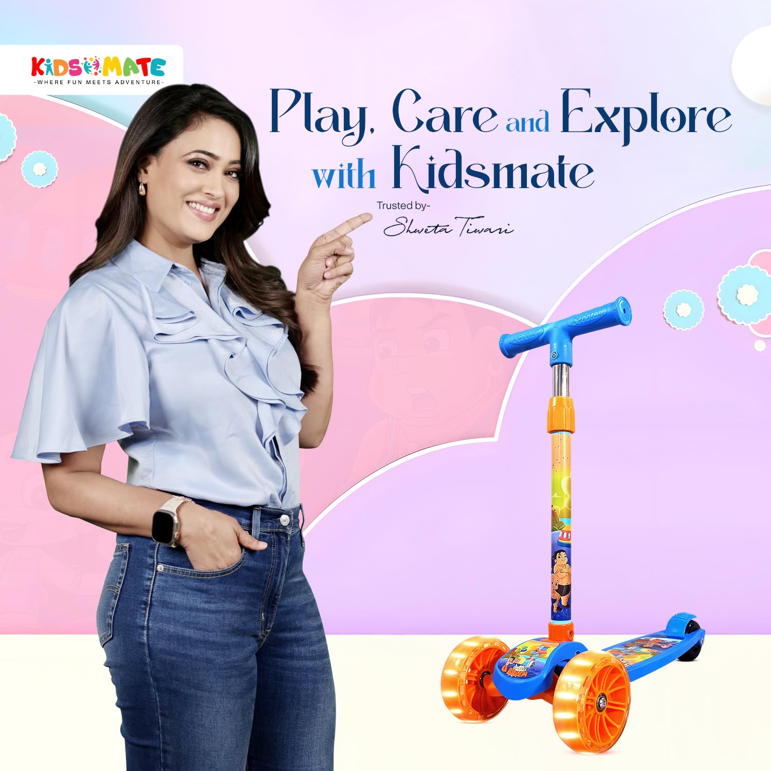Kidsmate Chhota Bheem® Kick Scooter with Broad LED PVC Wheels | Non-Slip Wide Deck with Push Brake Kids Scooter for Age 3+ Yrs | 4-Level Height Adjustable | Max User Weight 50Kg - Blue