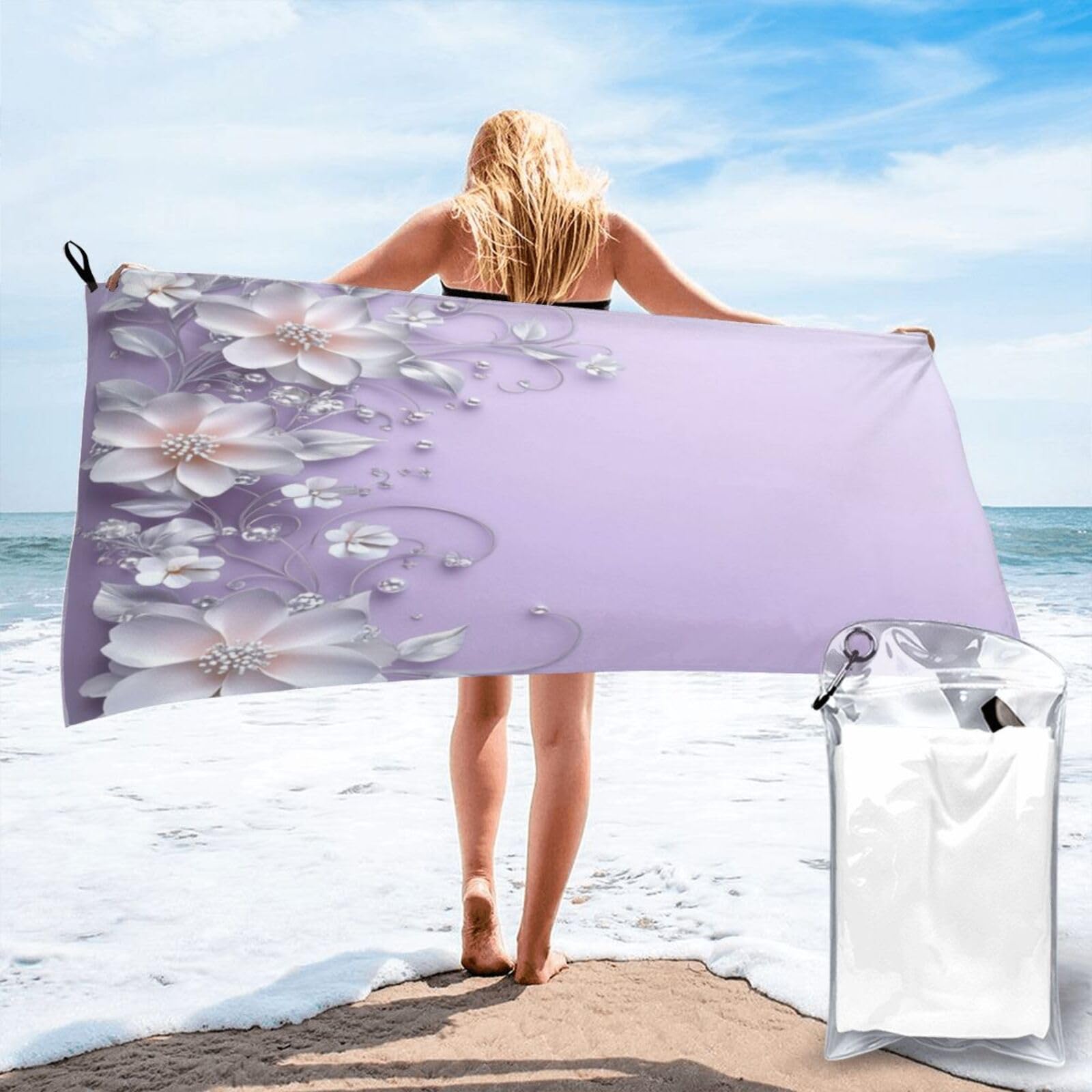 Anceky Digital Floral Border On Lavender Background Quick Dry Microfiber Travel Towel with Carry Case and Carabiner 31.5"X63"
