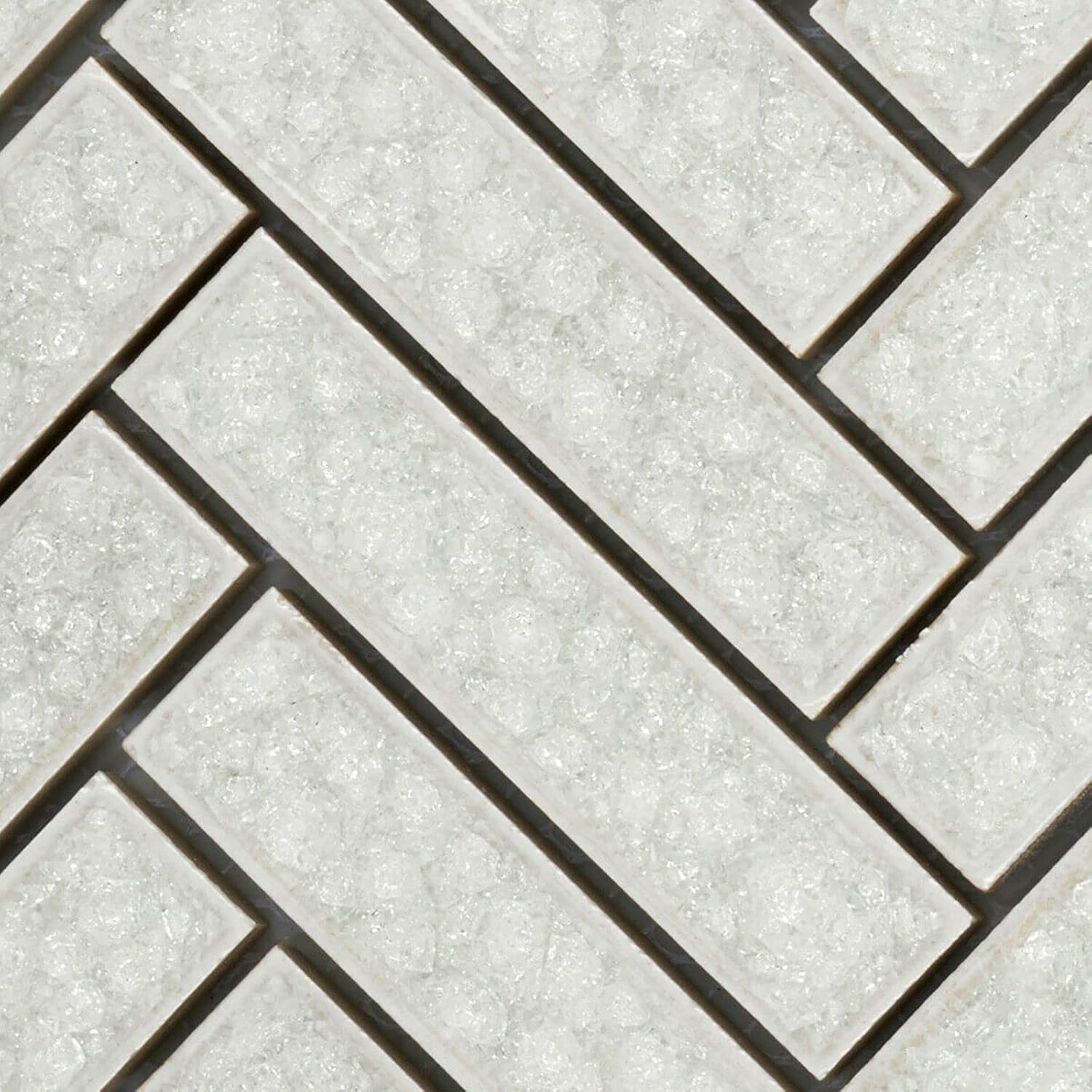 Modket Herringbone Frosty White Crackle Glass Tile Mesh Mounted Backsplash TDH186MO (10 Sheets)