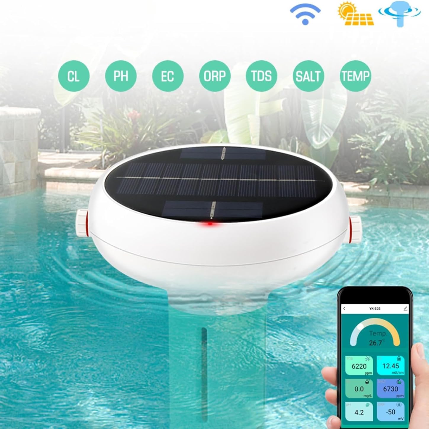 Testeur de qualité de l'eau Bluetooth 7 en 1, moniteur de chlore / pH / EC / TDS / ORP / température / salinité, affichage numérique via application, pour piscine, jacuzzi, aquarium
