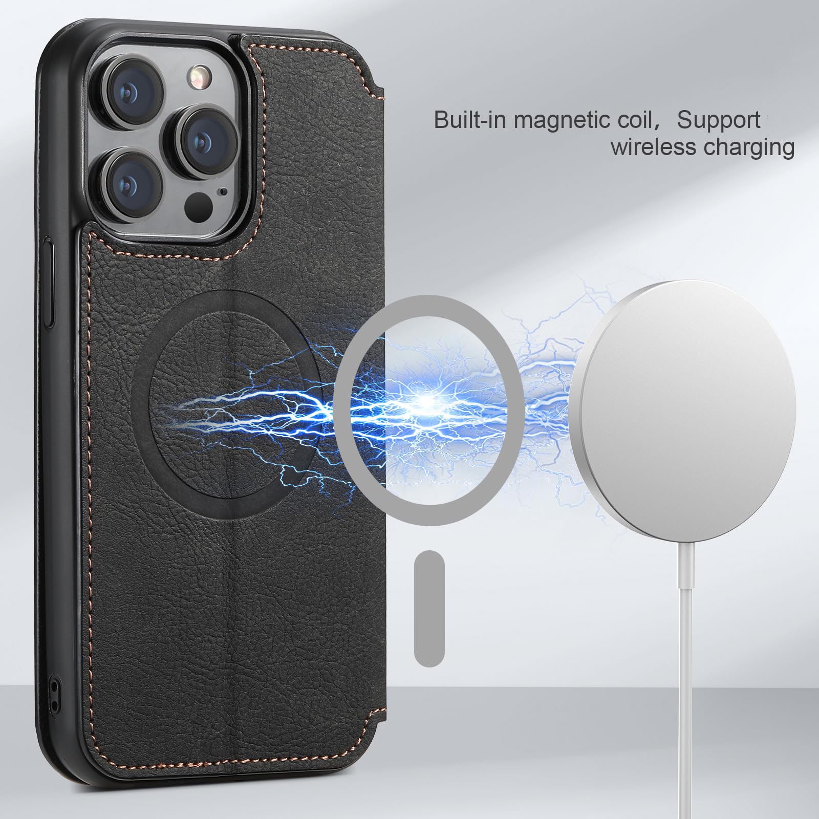 Custodia in pelle per iPhone 14 Pro Max/14 Pro/14 Plus/14, ultra sottile, a portafoglio, con chiusura magnetica, con supporto per carte di credito, supporto per ricarica wireless magnetica