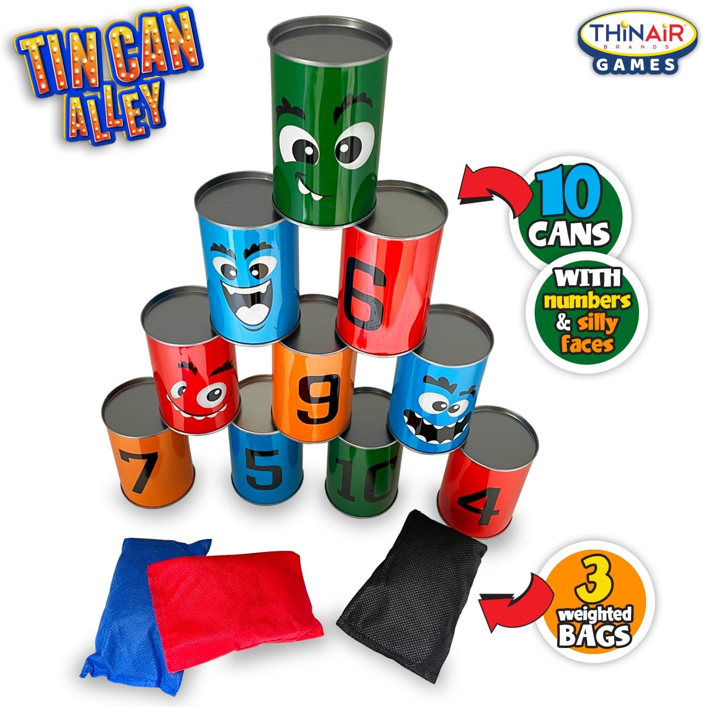 Ban Bag Toss Game for Kids - Carnival Can Beanbag Toss Game for Birthday Parties, Holidays, or Family Fun - 10 Fun Cans and 3 Beanbags - Indoor Outdoor Bowling Fun