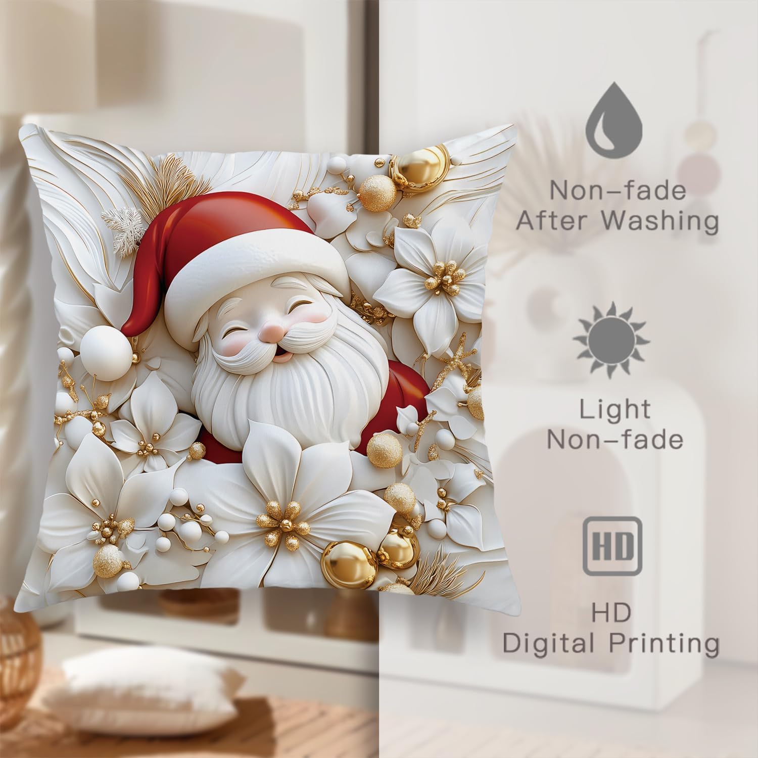 DESIHOM White Relief Aesthetic Christmas Throw Pillow Covers 24x24 Set of 4, Soft Comfy Xmas Santa Claus Trees Pillow Cases, Poinsettia Snowman Reindeer 3D Decor for Couch Sofa Living Room Bed