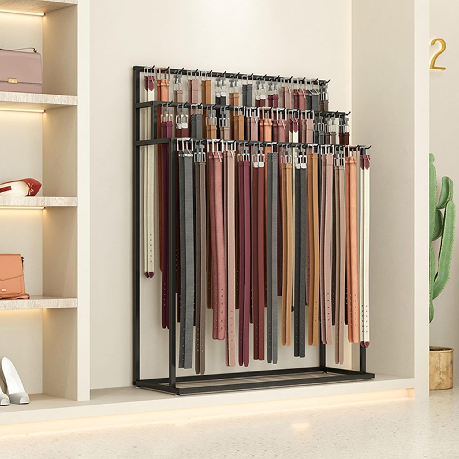 Floor Mounted Belt Hanger, Metal Men Closet Display Stand, Ties Scarf Rack Shawls Purse Shelf for Clothing Retail(Color : Black, Size : 100X40X150CM)