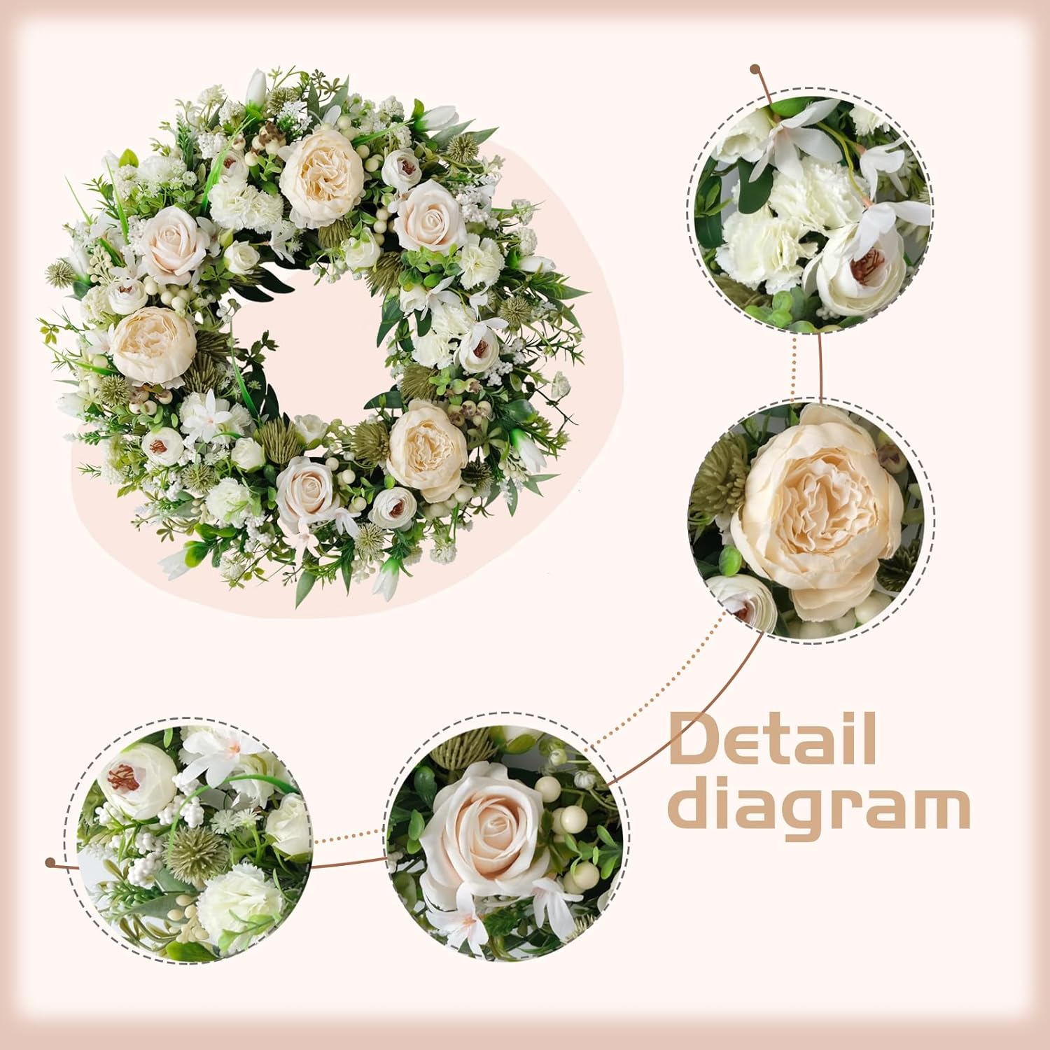 Artificial Floral Wreath for Front Door, 22" White Peony Rose Wreath for Indoor Outdoor Home Wall Window Wedding Decorations