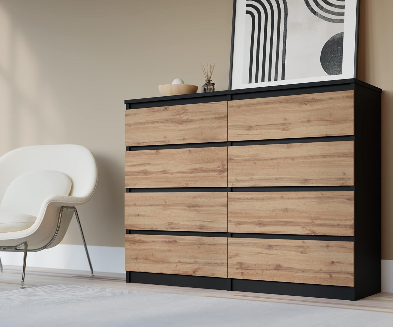 3xEliving Commode, Buffet avec 8 tiroirs Noir & chêne wotan, L 120cm H