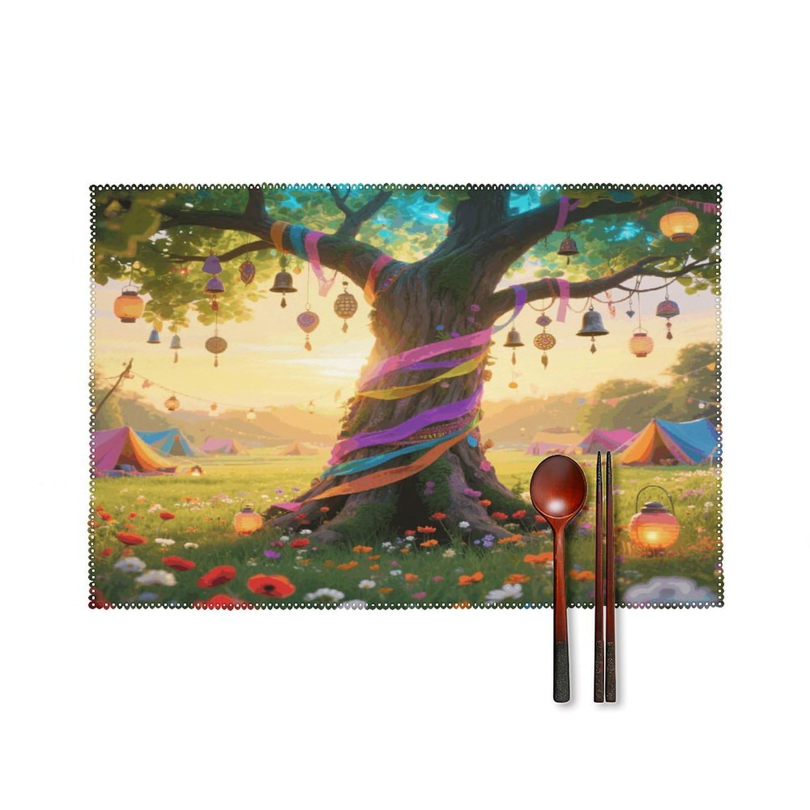 Boho Tree of Life Placemats Set of 4 Heat Resistant Non-Slip Place Mats for Dining Table Washable Placemat Wipeable Dining Table Mat Canvas Place Mats Dining Table Decor