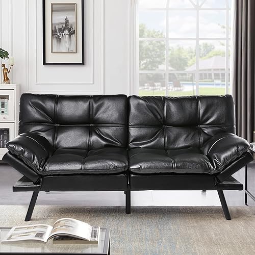 Recaceik Sofá cama futón de piel sintética, sofá convertible de dos plazas, sofá cama de espuma viscoelástica, sofá negro con reposabrazos