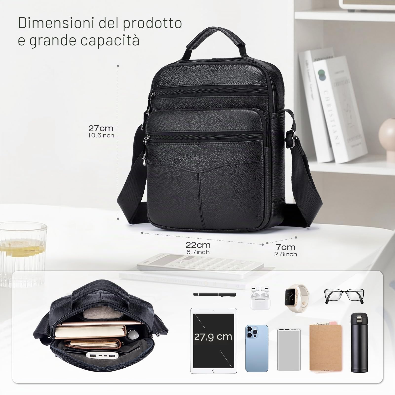 SPAHER Borsello Tracolla Uomo Pelle Borse Uomo Tracolla Borsa Tracolla Uomo Borselli Tracolla per Uomo Borsa a Spalla Borsa da Lavoro Crossbody Bag Borse Messenger per Ufficio Scuola Viaggio
