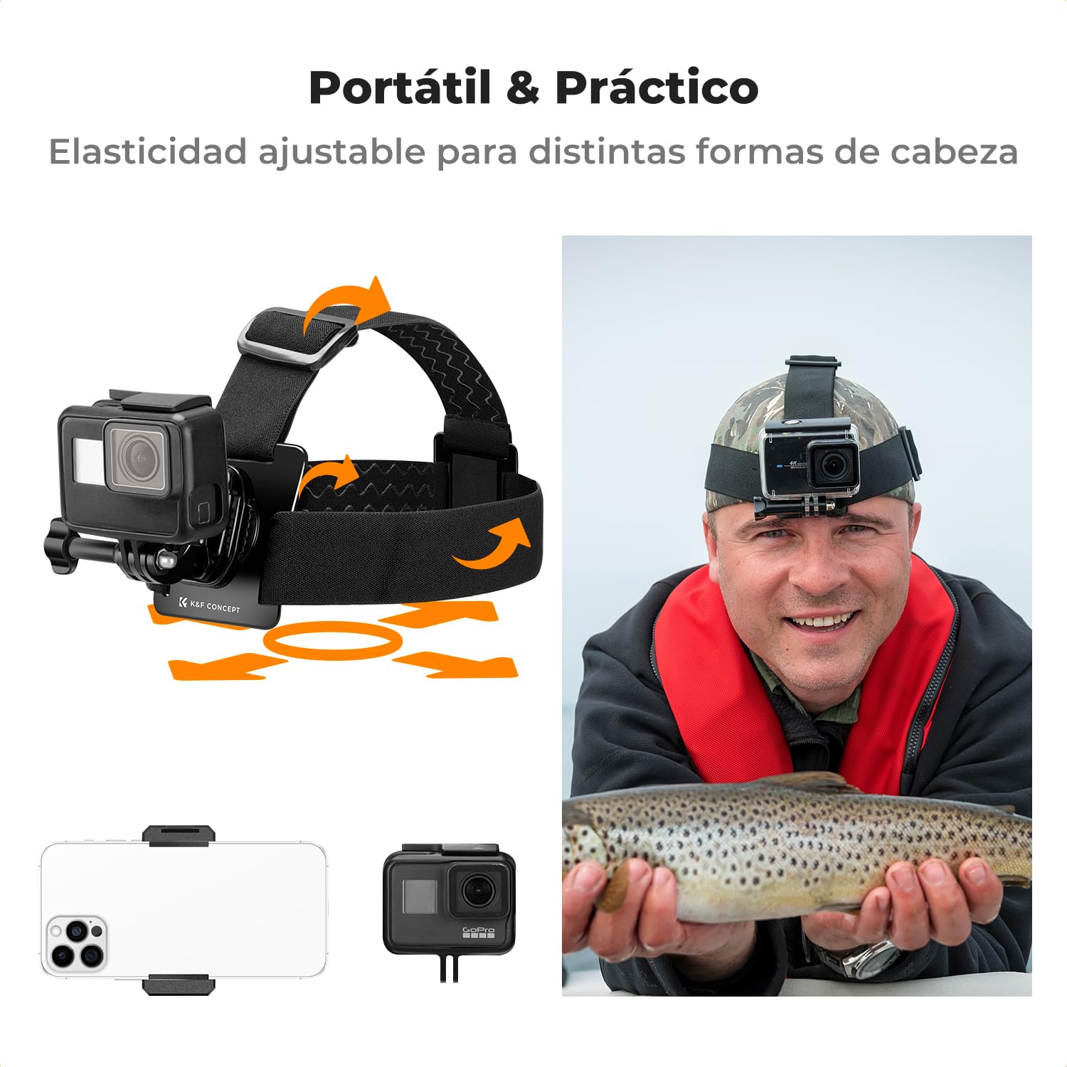 K&F CONCEPT Kit de Accesorios para Cámara de Acción Compatible con GoPro Hero 13 12 11 10 9 Insta360 dji Osmo 360 Action Teléfono Movil, Incluye Arnes Pecho, Correa de Cabeza, Clip de Teléfono Movil