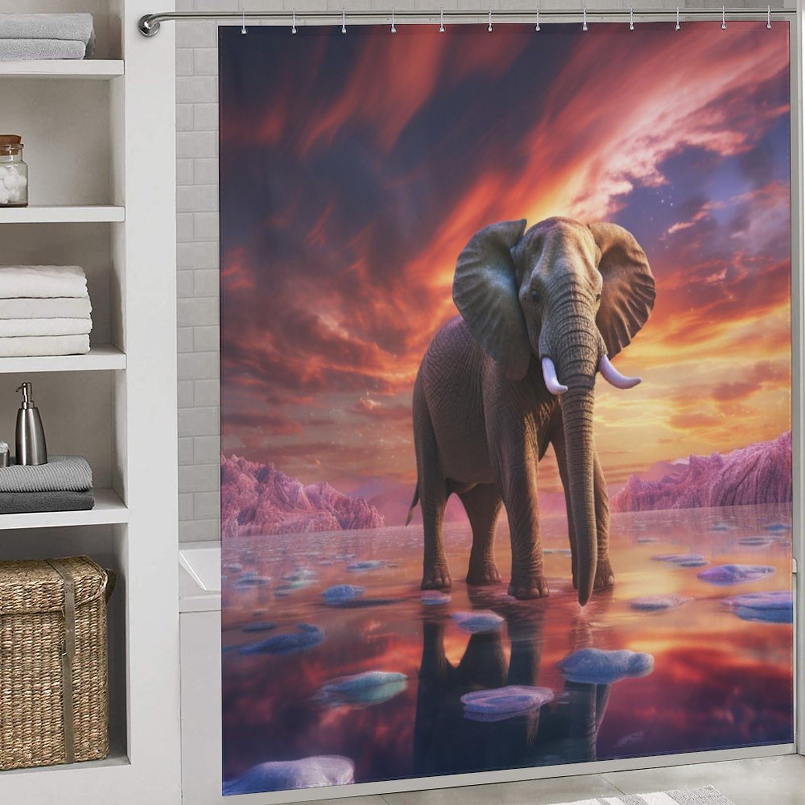 Rideau de douche éléphant tissu imperméable et lavable avec 12 crochets en C solides