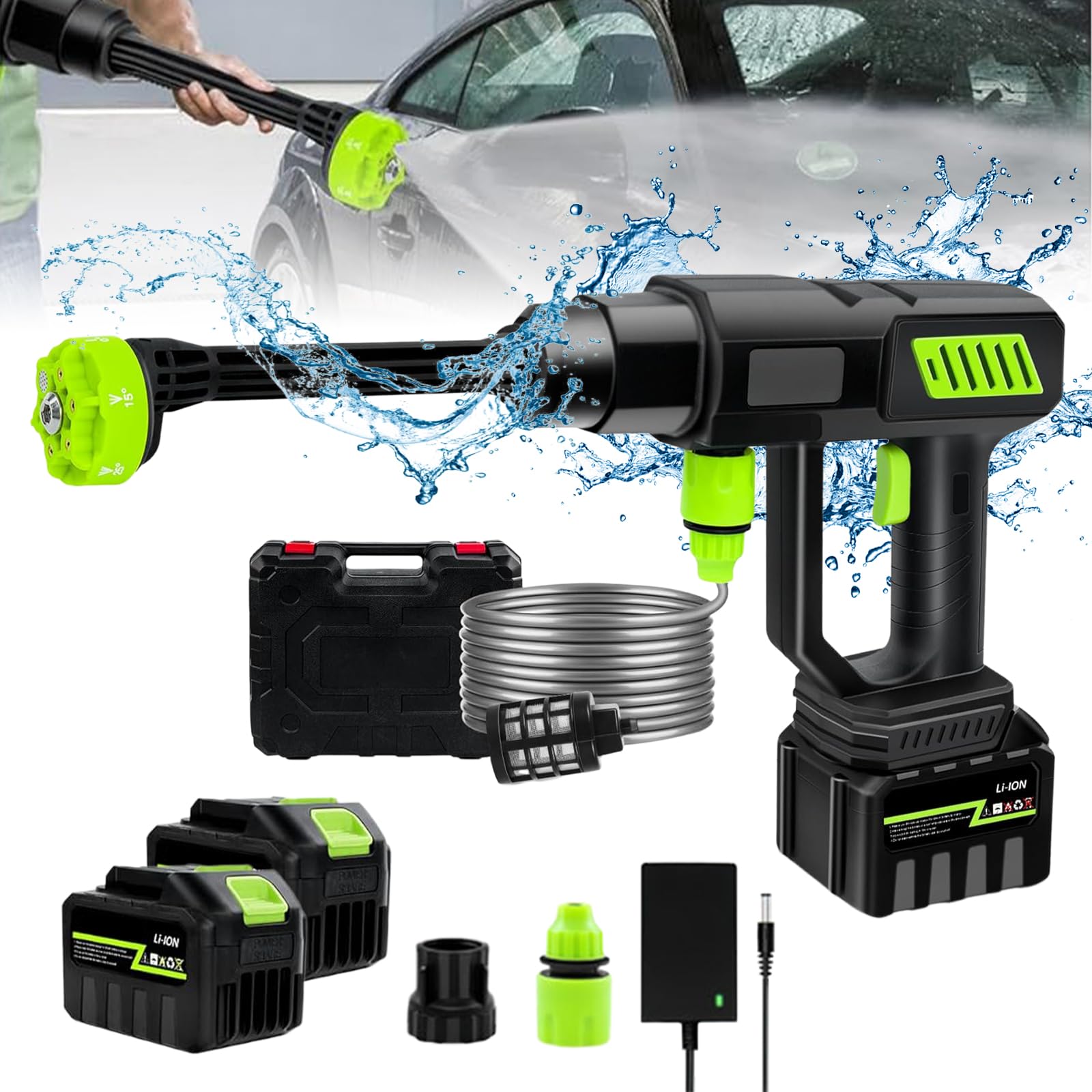 120 bar, 1000 W, limpiador de alta presión inalámbrico portátil, boquilla 6 en 1, limpiador de alta presión, batería de 15000 mAh, manguera de 5 m, para coche, jardín, barco, callejón, exterior (2