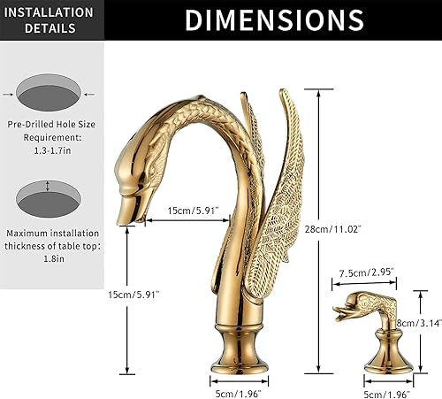 Miniatura 5 de Gold Swan - Grifo para lavabo de baño, 3 agujeros, grifo de baño, doble cisne, lavabo, mezclador, grifo mezclador de baño, grifo contemporáneo,