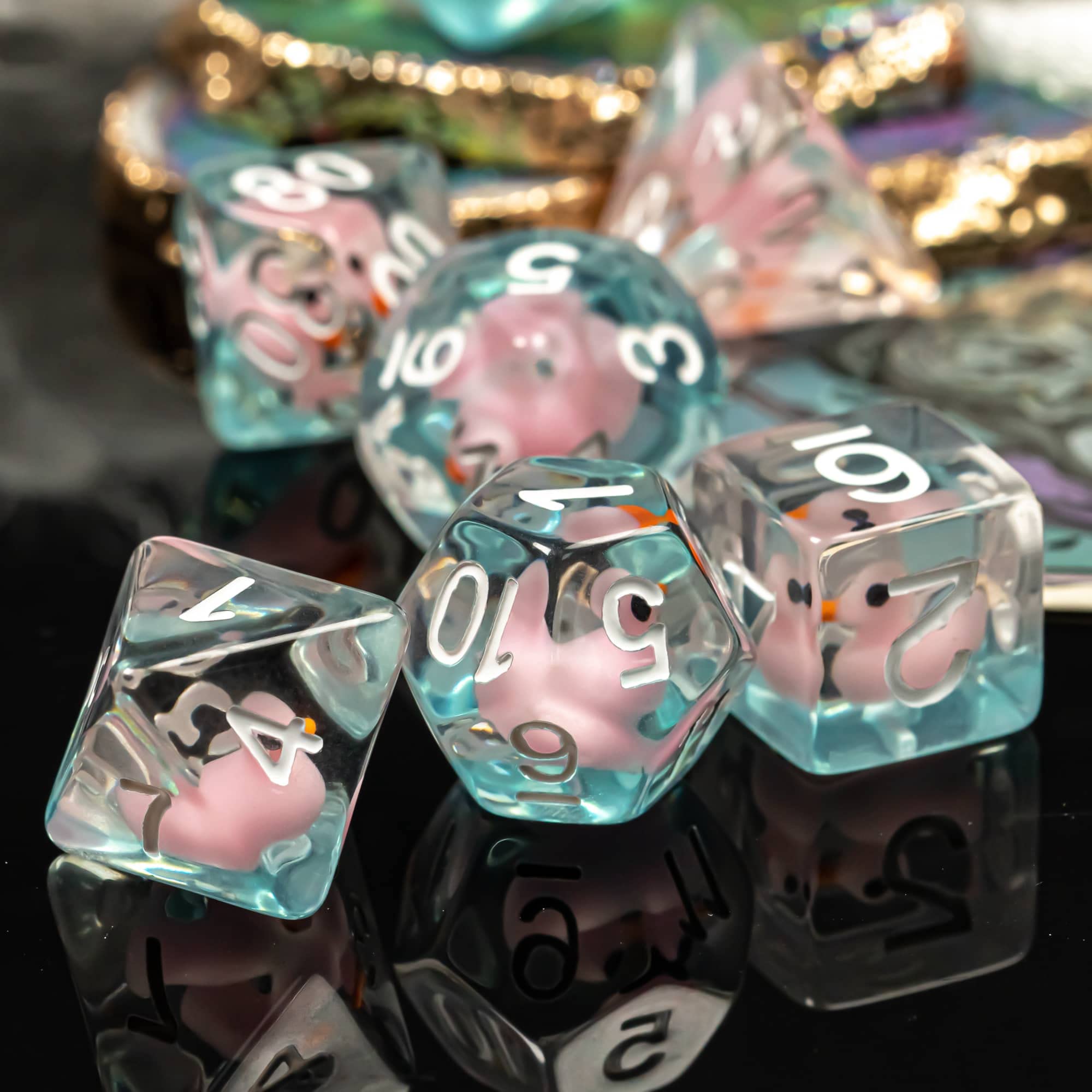 Cusdie Ensemble de 7 dés DND, ensemble de dés polyédriques remplis d'animaux, pour le jeu de rôle Donjons et Dragons D&D (Canard rose)