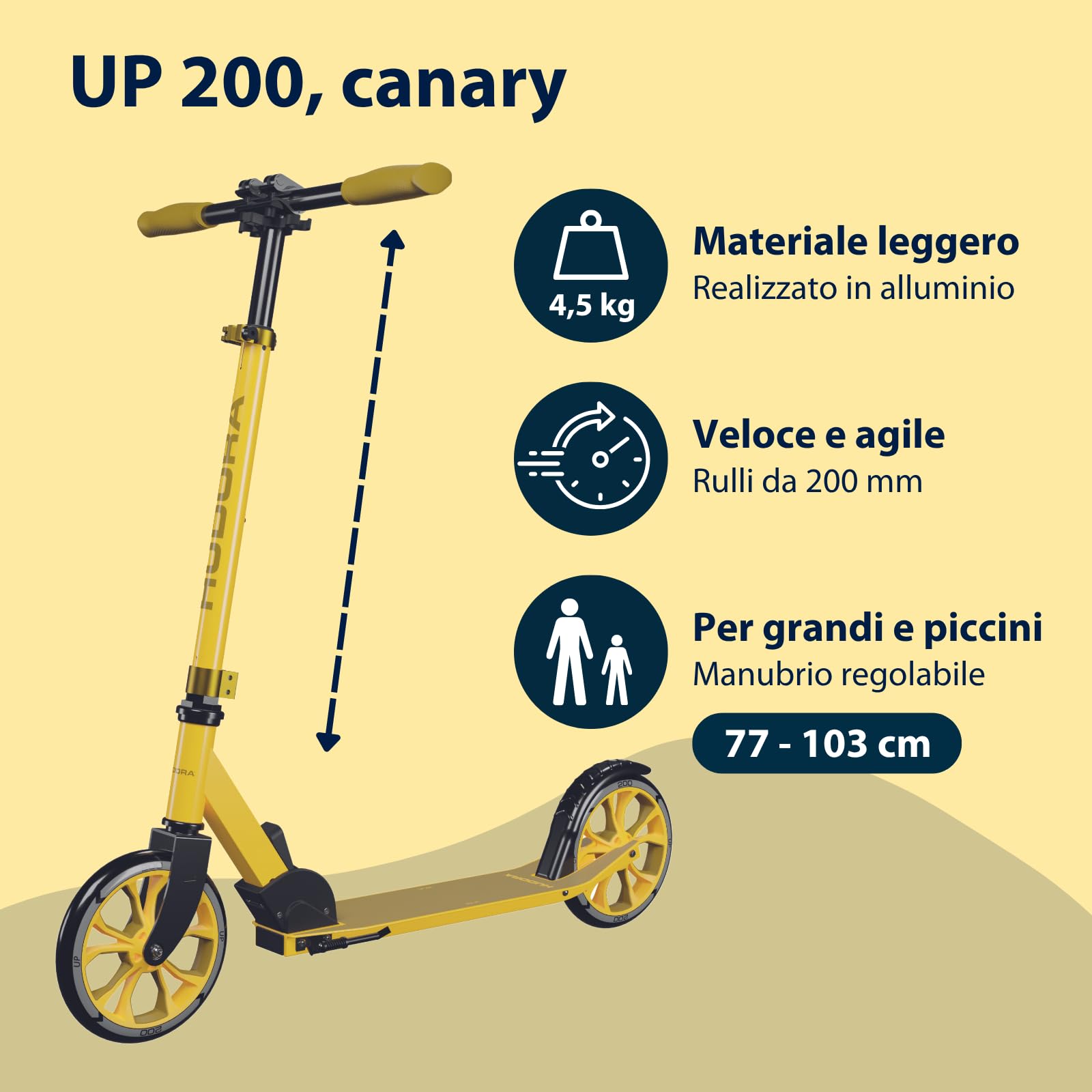 HUDORA Monopattino Up 200 - Monopattino silenzioso in alluminio per peso fino a 100kg - Con altezza regolabile e struttura pieghevole - Monopattino fluido per bambini/ragazzi e adulti