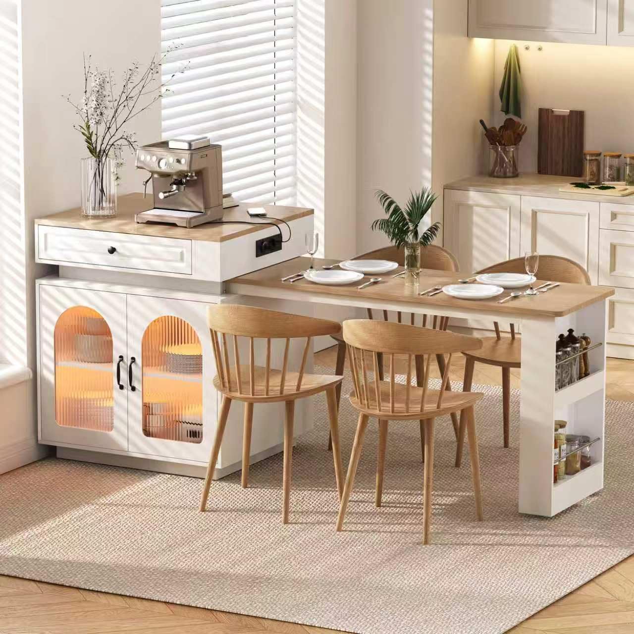 Isola da cucina con illuminazione a LED e prese multiple, tavolo da pranzo allungabile, tavolo da bar con ruote, ideale per cucina e sala da pranzo. (Bianco)