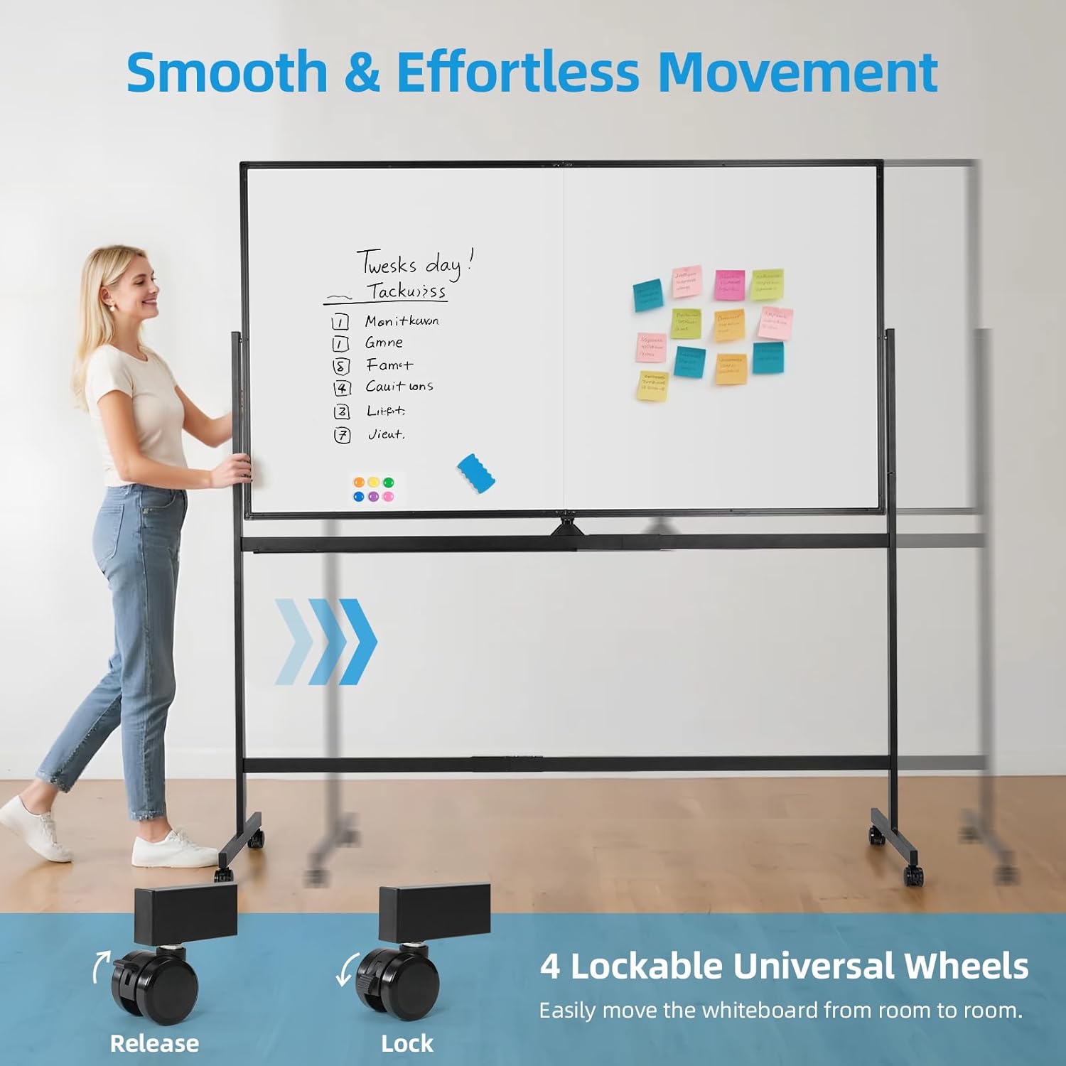 VOWNER Double-Sided Magnetic Whiteboard, 72" x 40" Large Mobile Dry Erase Board, Reversible Rolling White Board with Aluminum Frame & Stand, for Home Office, Classroom, School, Black