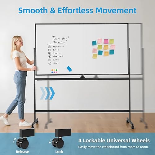 Miniatura 7 de VOWNER Pizarra blanca magnética de doble cara, 72 x 40 pulgadas, pizarra móvil grande de borrado en seco, pizarra blanca reversible con marco y