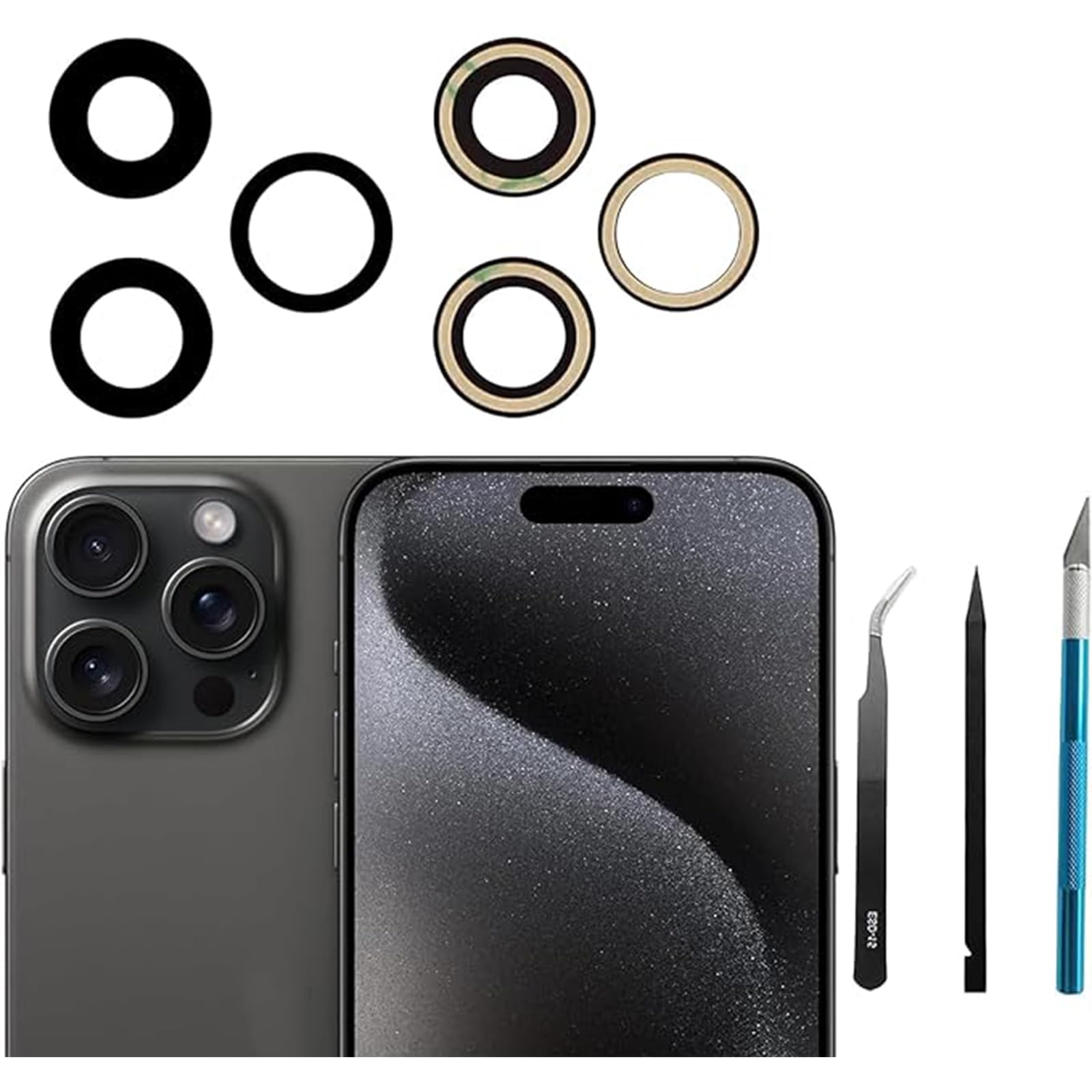 3pcs/Set Camera Lens Replacement for iPhone 15 Pro Max 6.7 inch Camera Lens Rear Glass Replacement with Pre-Installed Adhesive + Repair Tool Kit, Anti-Lens Scratch & Waterproof