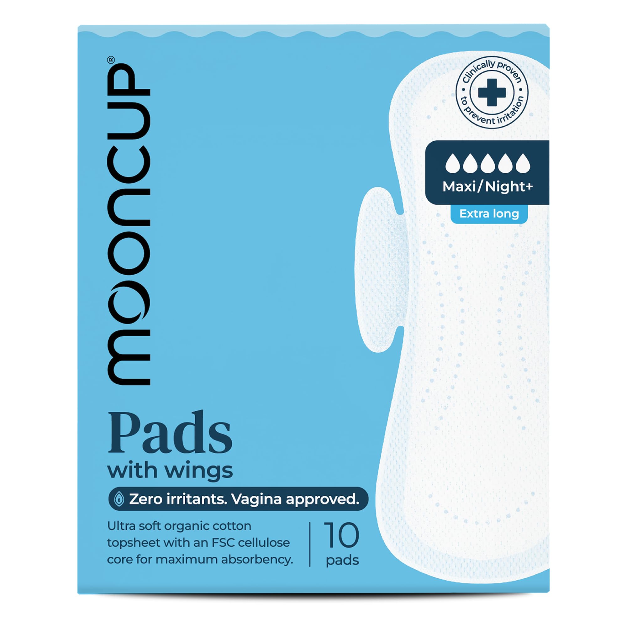 Mooncup® Maxi/Night+ Flow Pads with Wings, Ultra Soft Organic Cotton, 10 Pads