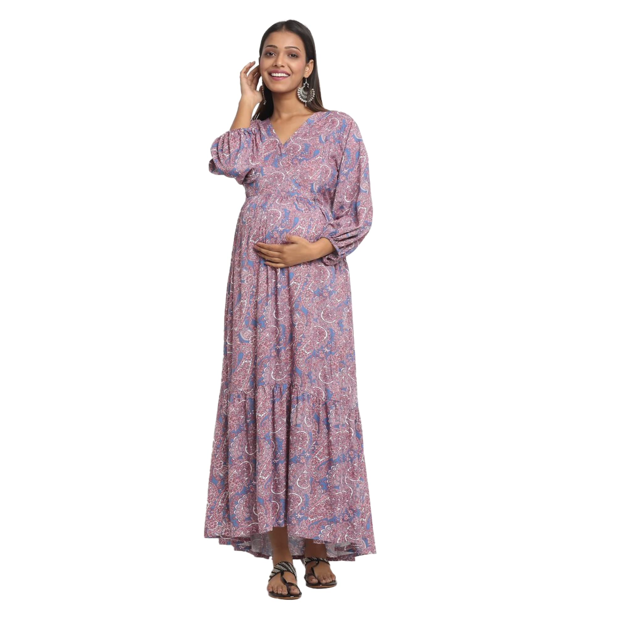 Maternity Dress for Women with Breastfeeding Zippers | Maxi Dress | Adjustable Belt for Growing Belly | Day & Night Comfort | Feeding Dress for Pre & Post Pregnancy | Persian Paisley-image-39