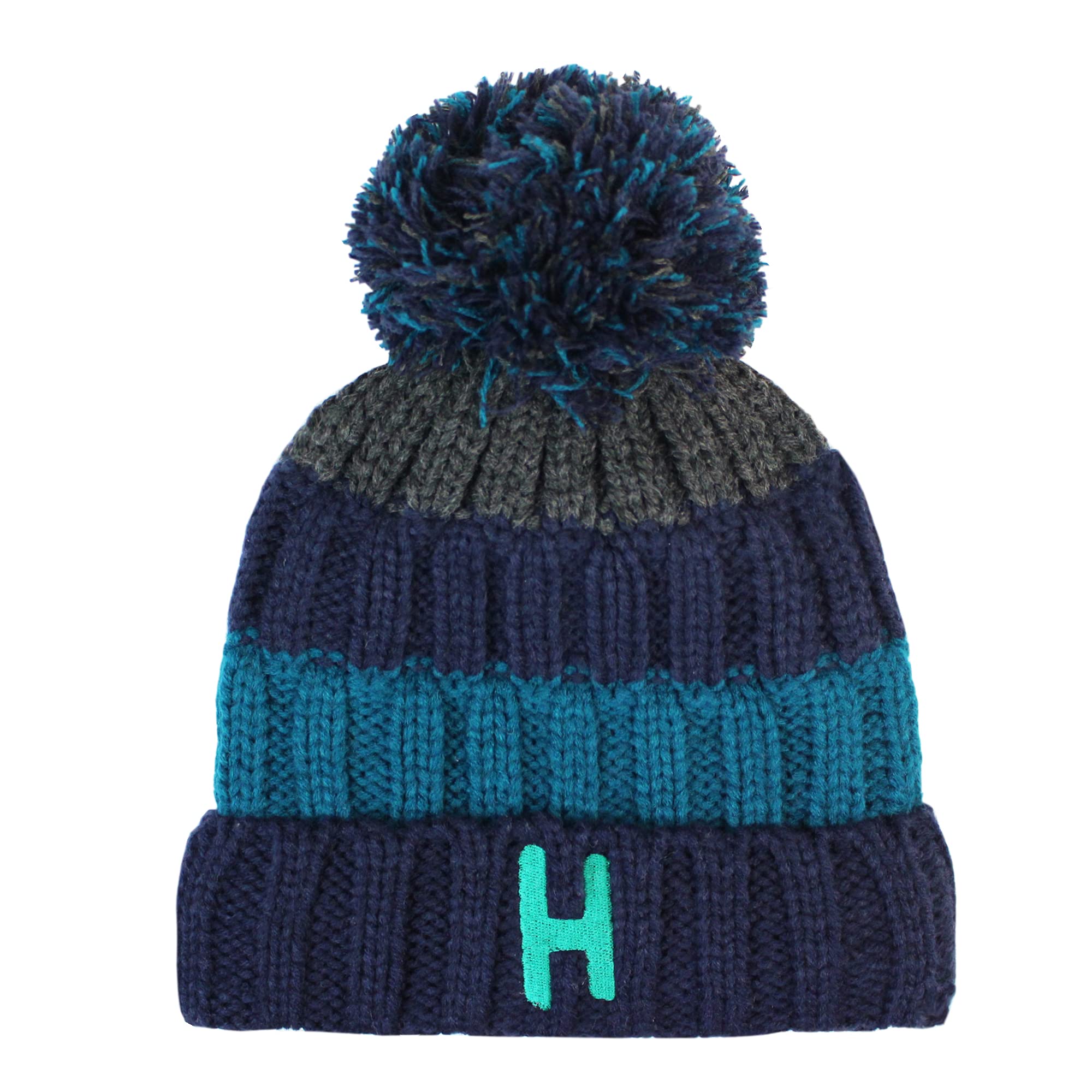 Teddyts Boys Blue Personalised Initial Striped Chunky Knitted Bobble Hat With Large Pom Pom One Size
