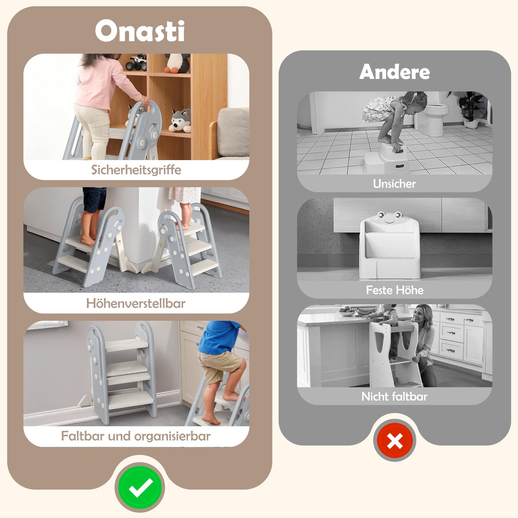 Onasti Tritthocker Kinder, Höhenverstellbar 3 Stufen Hocker Kinder, Trittschemel für Baby mit Handhaben, Klappbar, Anti-Kipp und Anti-Rutsch, für Küche, Badezimmer, Waschbecken und Toilette (Grau)