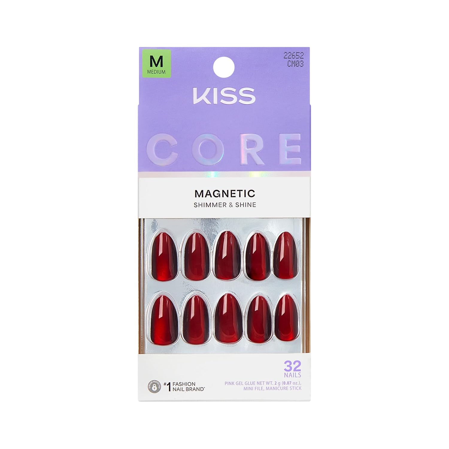 Kiss Core, Press On Nails, Nail glue included, 'Apple Blossom', Red, Medium Size, Almond Shape, Includes 32 Nails, 2g Glue, 1 Manicure Stick, 1 Mini File