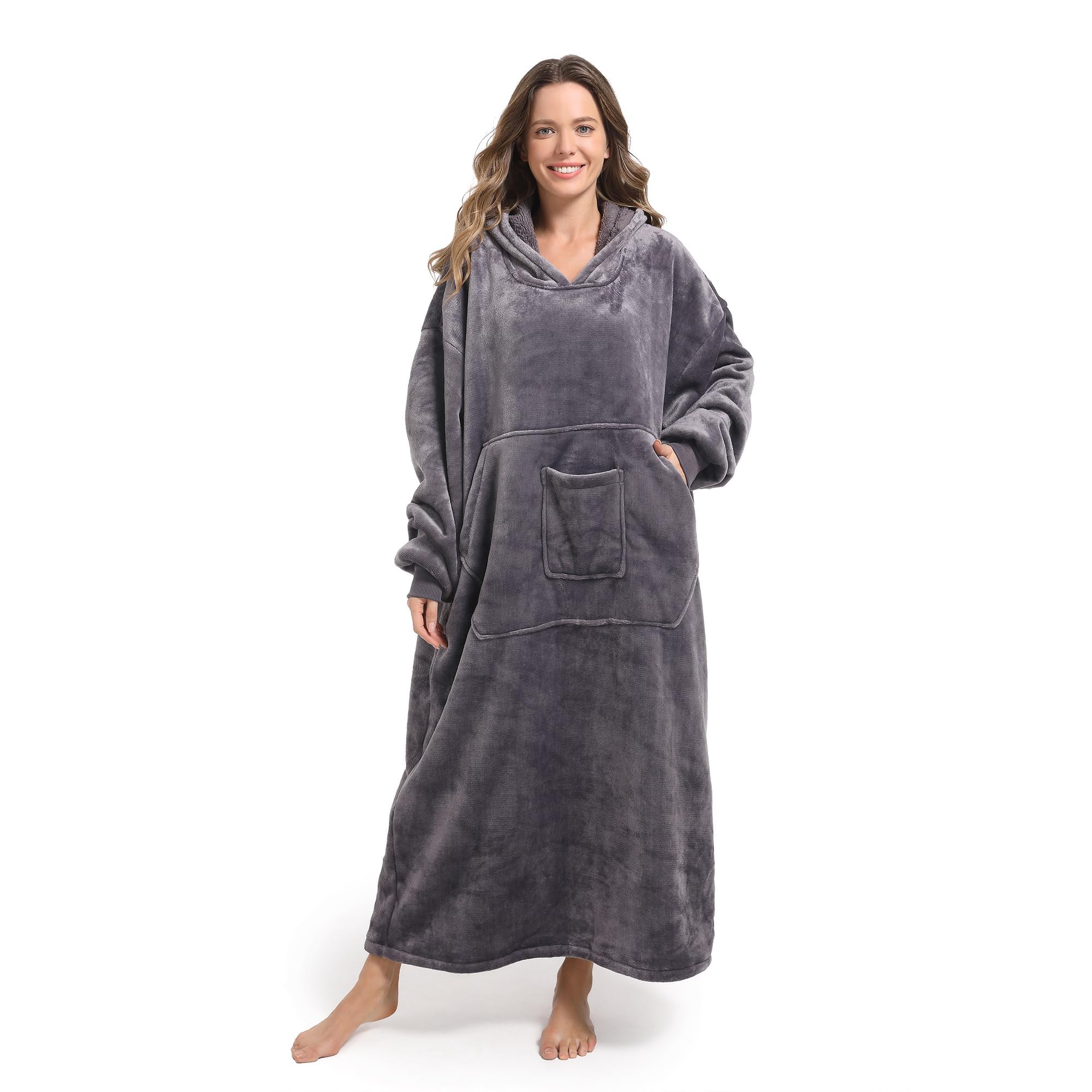 FUSSEDA Oversized draagbare deken sweatshirt, dikke warme fleece gezellige sherpa capuchon met zakken en mouwen cadeau voor volwassenen, Bruin, Eén Maat