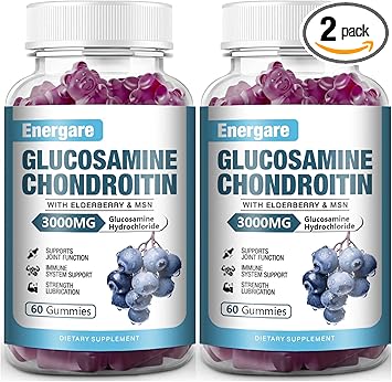 2 Pack 3000mg Glucosamine Chondroitin with MSM Gummies & Elderberry, Extra Strength Joint Support Health, Flexibility, Antioxidant, Immune Supplement Gummy for Adults, Men & Women 120 Counts