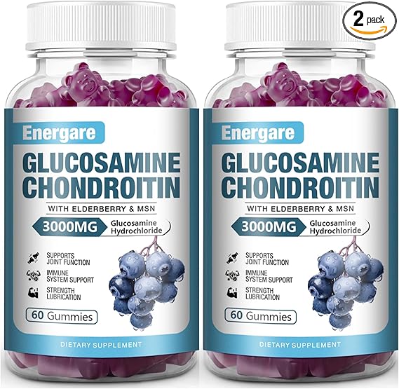 2 Pack 3000mg Glucosamine Chondroitin with MSM Gummies & Elderberry, Extra Strength Joint Support Health, Flexibility, Antioxidant, Immune Supplement Gummy for Adults, Men & Women 120 Counts
