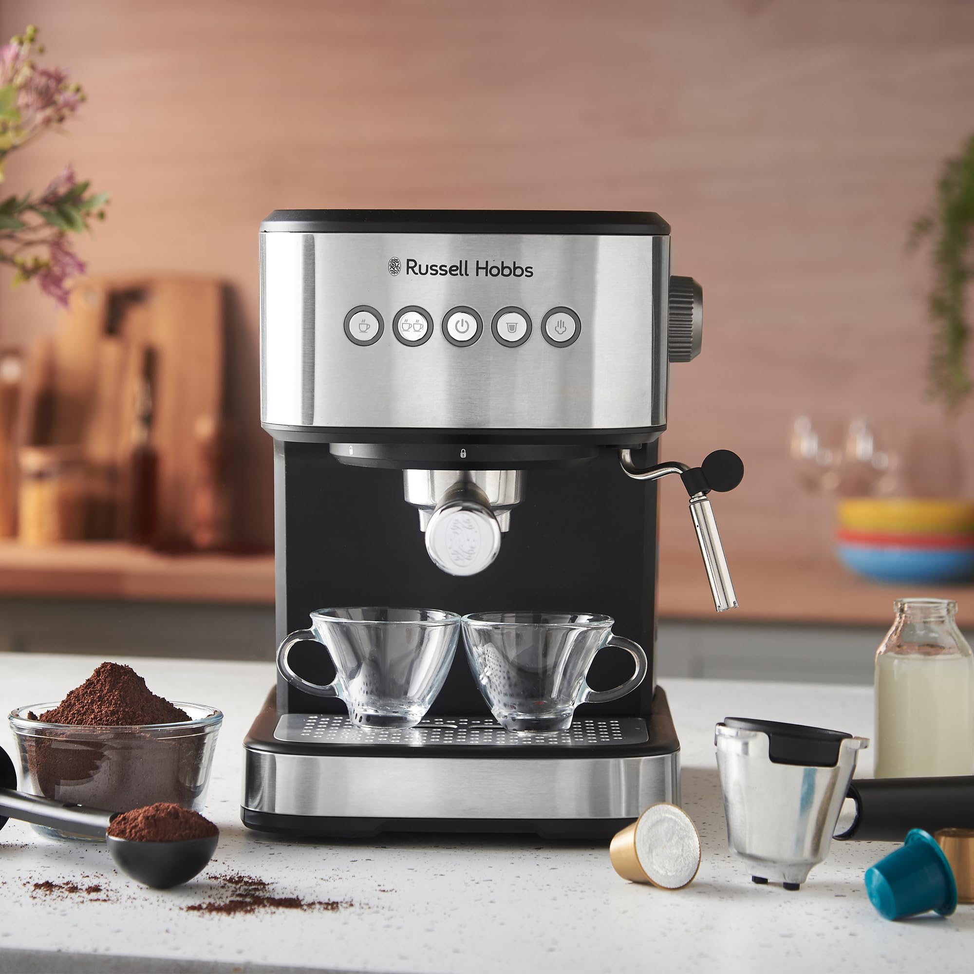 Russell Hobbs Heaton 28700-56 ekspres do kawy [zmielona i kapsułka] Heaton (pojedyncze i podwójne shot, dysza parowa, ciśnienie 15 i 20 barów, zbiornik na wodę 1,5 l, podgrzewacz do filiżanek, akcenty