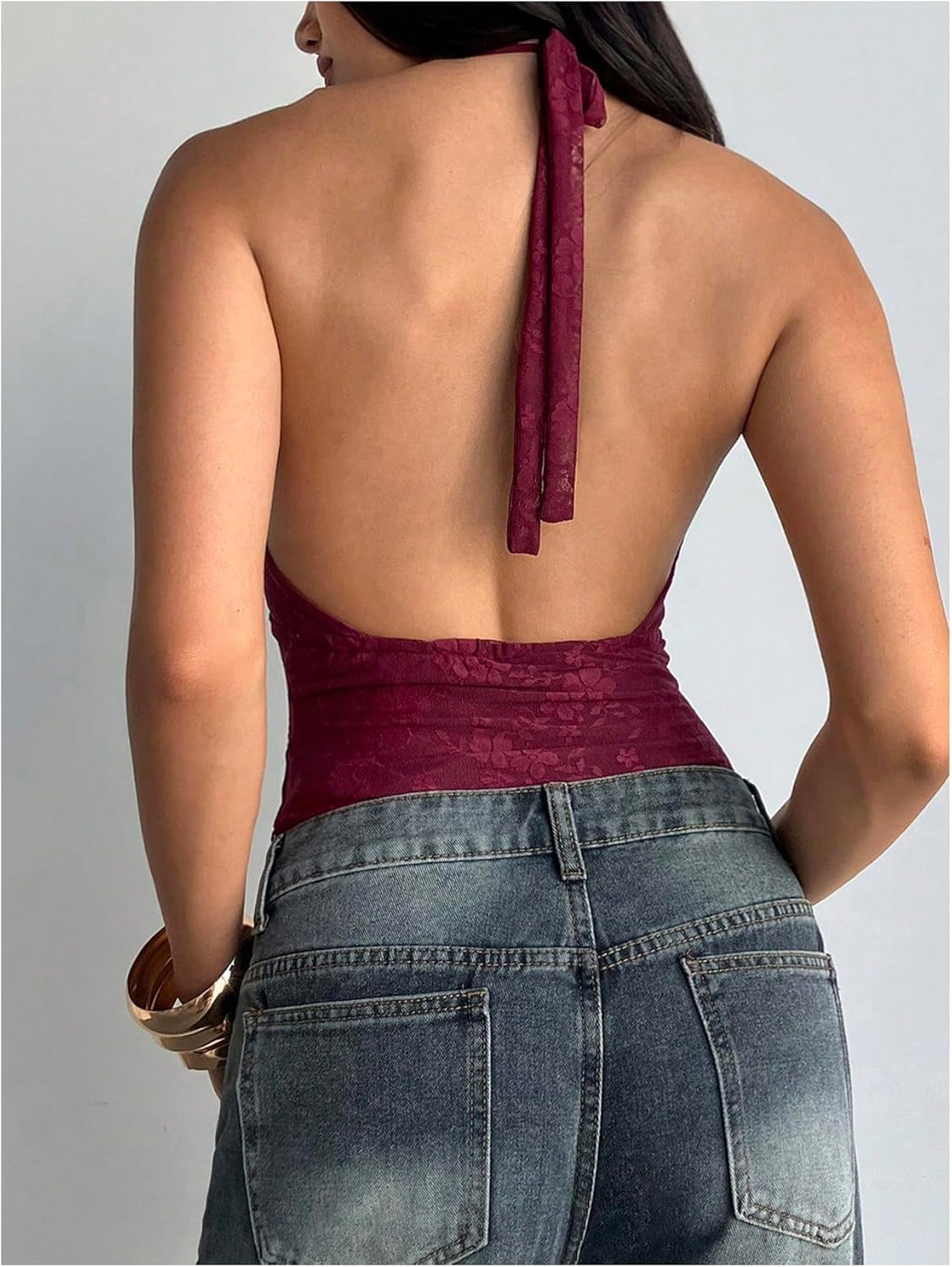 Milumia Women's Floral Lace Deep V Neck Halter Top Sexy Tie Backless Going Out Tank Tops - Image 4