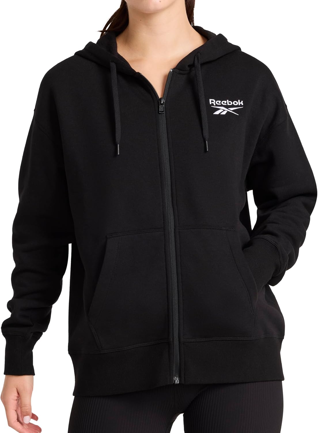 Reebok womens Embroidery Full-zip Hoodie, Standard Fit, Midweight Cotton-poly Fabric